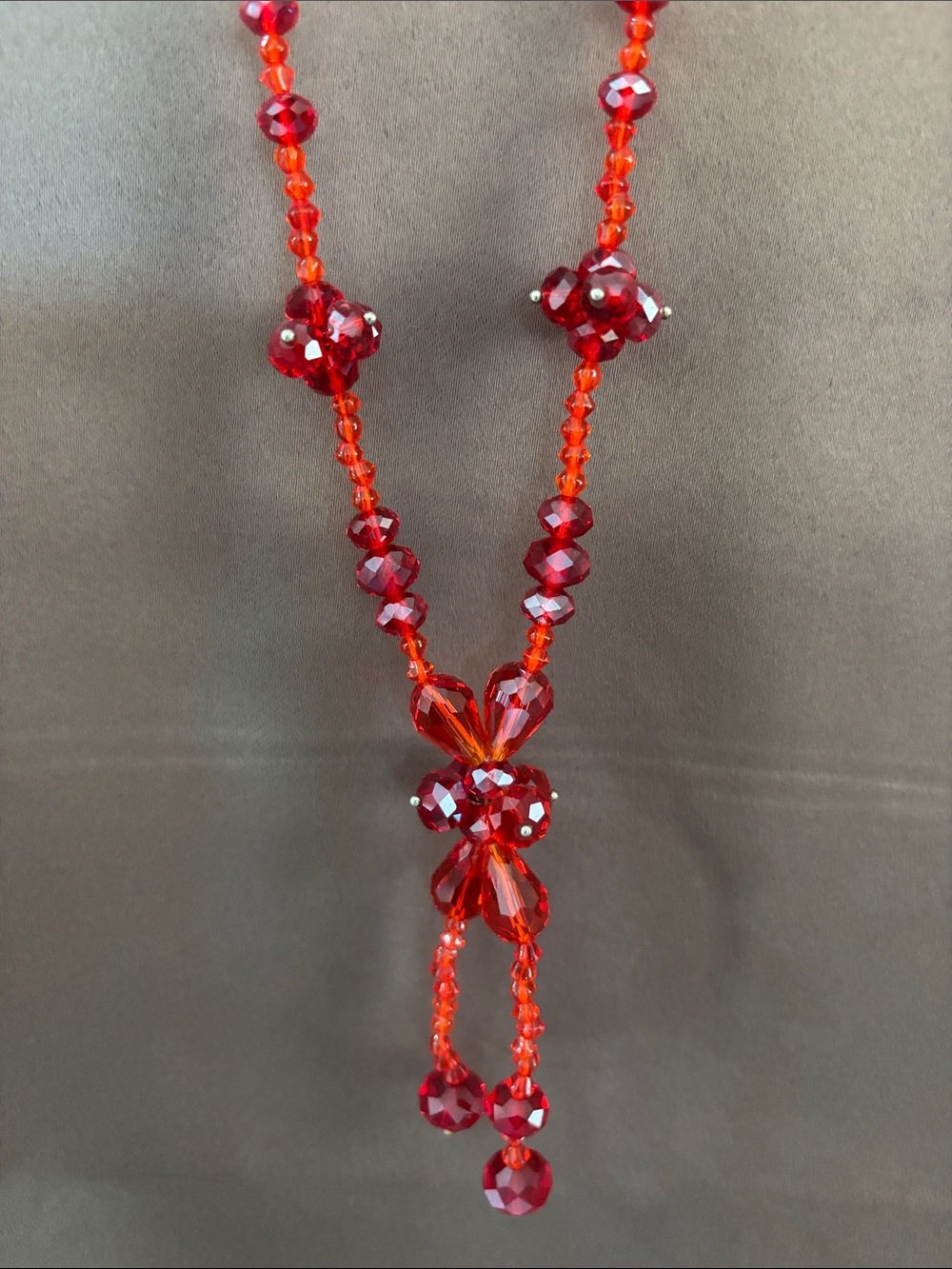 Vintage Bright Cherry Red Faceted Crystal Beaded Tassel Long Necklace